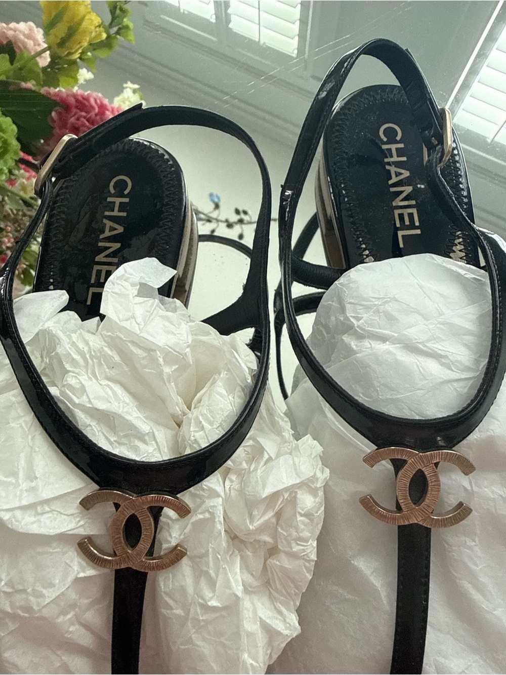 Chanel sandals with gold logo